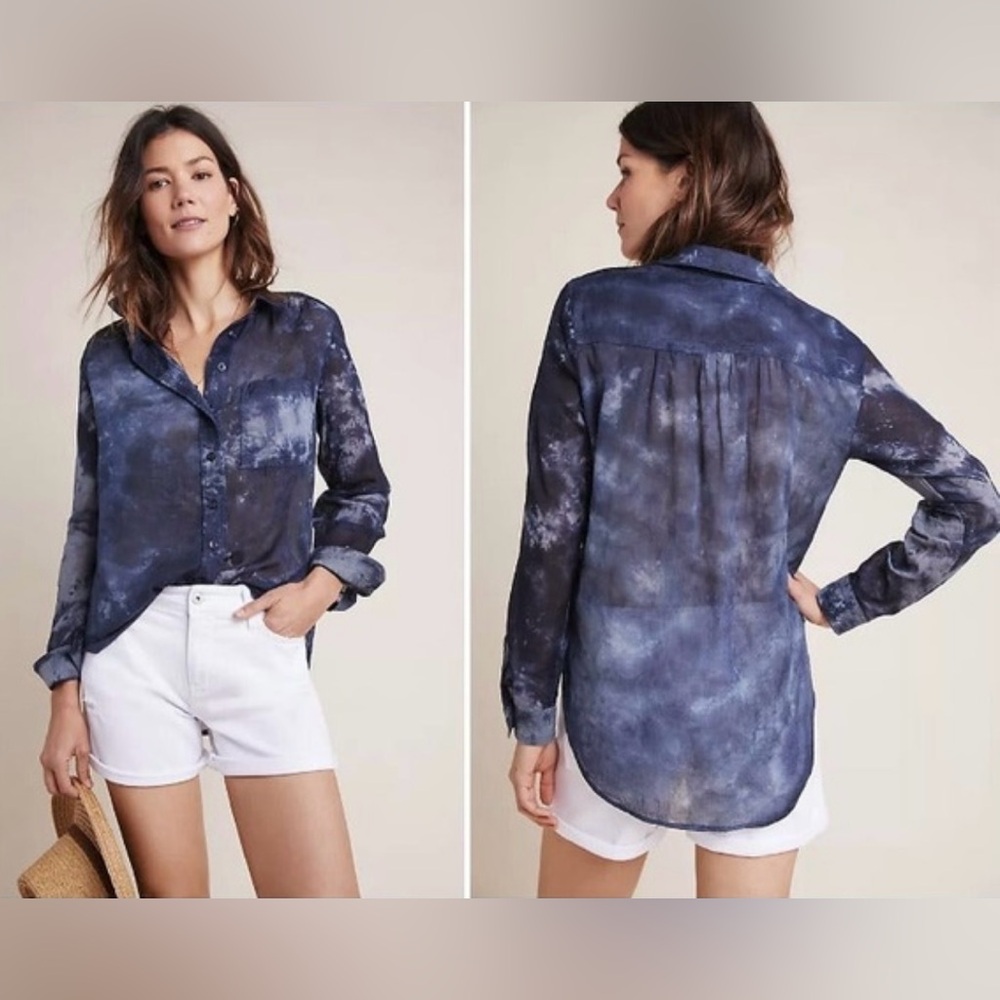 NEW Anthropologie Pilcro Blue Cotton Tie Dye Button Down Light Weight Size XS
